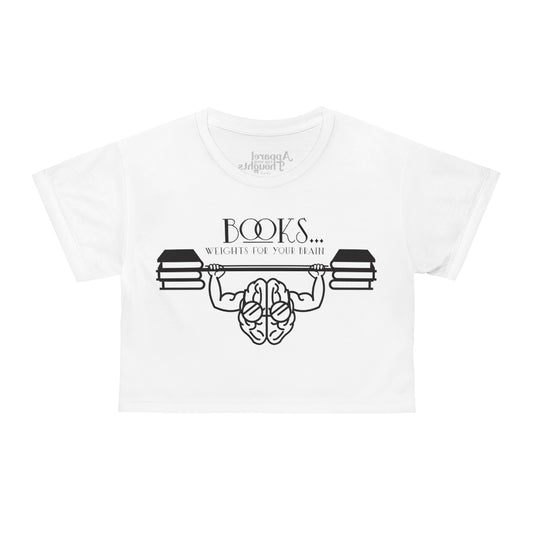 “Books….Weights for your Brain” AOP Crop Tee
