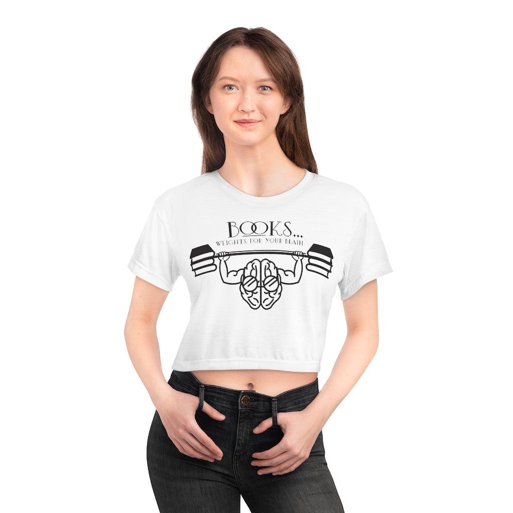 “Books….Weights for your Brain” AOP Crop Tee